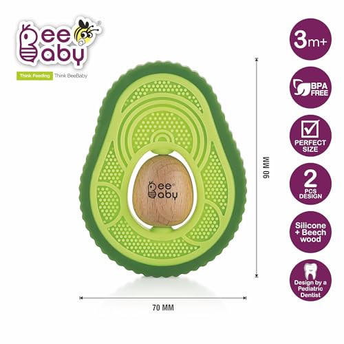 Image of BeeBaby Baby Teether for 6 to 12 Months Soft | Silicone and Wooden Teether for Baby | Teething Toys for Babies | Multi Textured BPA Free Teether | BIS Certified Baby Teething Toy | Avocado Green
