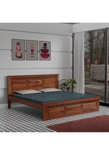 Image of Solid Sheesham Wood King Size Bed Without Storage | Wooden Double Bed Cot for Bedroom Furniture | Platform Bed | Palang for Hotels | Honey Finish, Recommended Mattress Size: 78 X 72 Inch