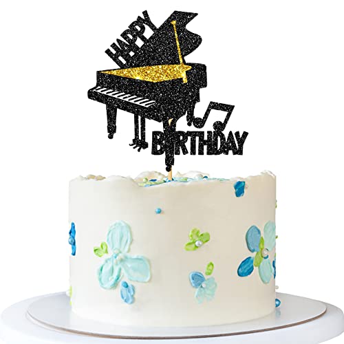 RoadSea Piano Happy Birthday Cake Topper - Music Theme Birthday Party Cake Supplies for Boy Girl - Pianist Musician Birthday Party Decorations - Black & Gold Glitter