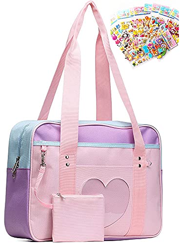 Japanese School Bag with Anime Sticker kawaii wallet Tote bag Beach backpack purse for women crossbody bags for women messenger bag aesthetic backpacks ITA cute bags girls Laptop Handbag,14'' Pink Purple