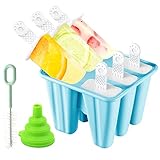 Moldes Helados - Poleras Helado Silicona, Reutilizable Moldes Para Helados, 6 Pack Juego de Moldes Helado con Embudo y Cepillo, Silicona Moldes Palos Caseros para Bebé, Niño y Adultos (Azul)
