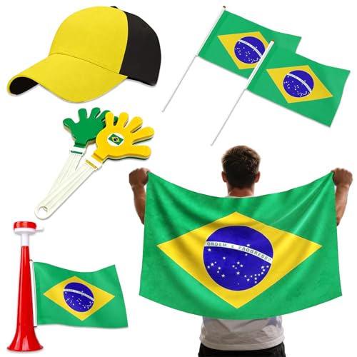 7Pcs Soccer Cup Fan Set Soccer Theme Accessories Kit with Flags Clappers Shawl Cap and Horn Gifts for Football Lovers and Brazil Supporters