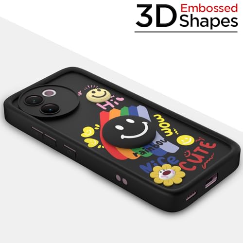 Image of Pikkme Back Cover for Vivo V30e 5G | Soft Silicone| Cute Rainbow Smile & 3D Cartoon Flower Design | Shockproof Raised Camera Protection Bumper Case (Black)