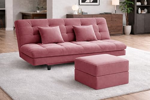 Image of Rosebell Modern Three-Seater Sofa Cum Bed - Foldable Velevt Fabric Sofa, Foam Seating, Stylish Design for Living Room, Guest Room & Office-Rose Pink