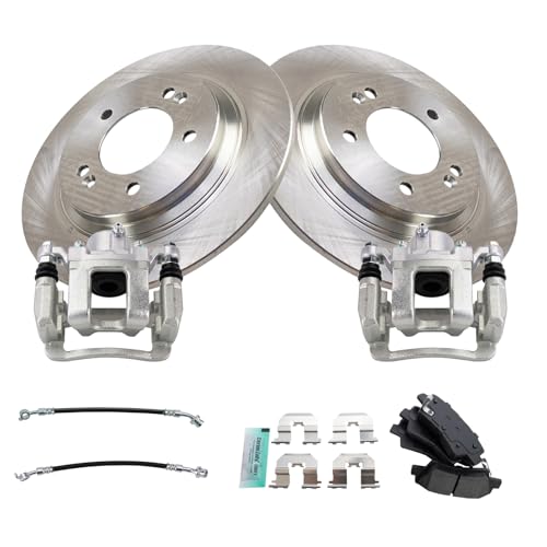 Image of TRQ Rear Brake Pad and Rotor Set Semi Metallic Rotors Calipers Hoses Compatible with 2014 Kia Optima