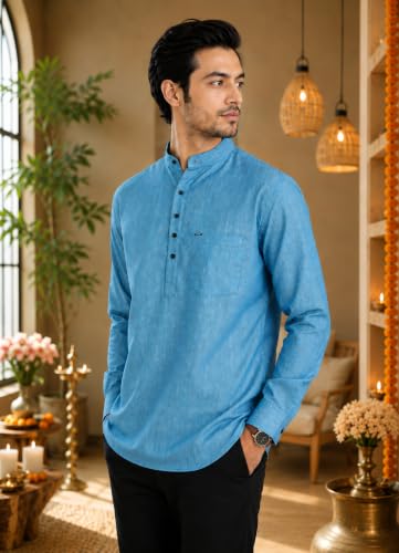 Image of Majestic Man Men's Cotton Blend Textured Regular Fit Full Sleeve Short Kurta