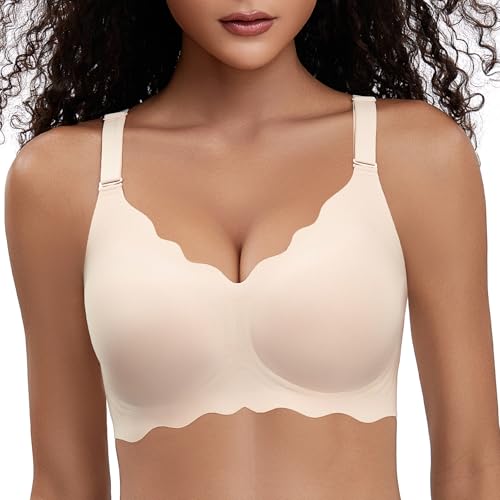 PQK Bras No Underwire for Women Comfortable Wireless Seamless T Shirt Bras Wavy Edge Full Coverage Push Up Bra (Size S Nude)