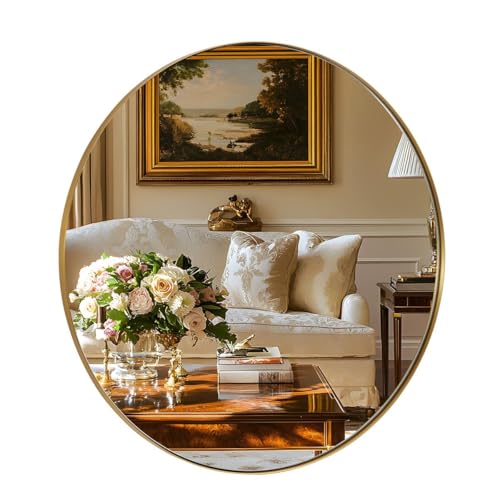 Image of ANDY STAR Gold Round Mirror, 24'' Brushed Gold Circle Bathroom Mirrors in Stainless Steel Metal Frame 1 inch Deep Set Design