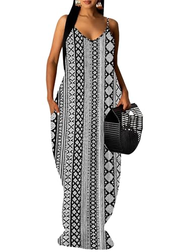 Image of Women's Summer Maxi Dress Spaghetti Strap Floral Boho Beach Long Sundress with Pockets