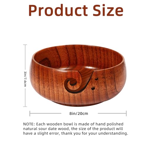 Image of Wooden Yarn Bowl, 8 inch x 3 inch Knitting Tool with Holes, Handmade Rounded Edge for Crocheting, Storage Holder for DIY Sewing Supplies