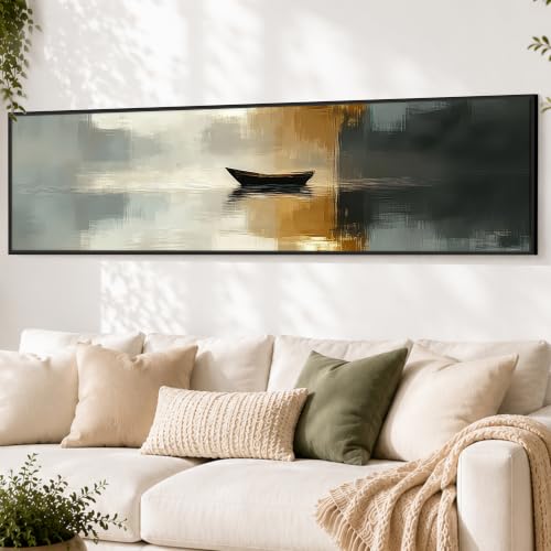 Image of Boat In The River Modern Abstract Art Wall Painting for Living Room, Home and Office Wall Decoration - 13x47 Inch