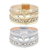GZJINYUAN 2Pcs Leather Wrap Bracelets for Women, Layered Heart Bracelet with Clasp, Multilayer Stack Boho Bracelets for Women (Silver&Beige)