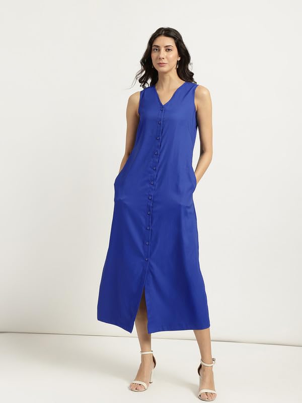 Image of FableStreet Women Casual Midi Cotton Button Down A-Line Dress | Button Down Flowly Dress Perfect for Outings