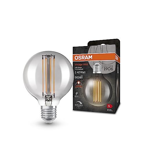 OSRAM Dimmable Led Lamps, Vintage Edition, 42 Watts Replacement, E27, G80, 1800 Kelvin, Warm Comfort Light, Clear Glass, Single Pack