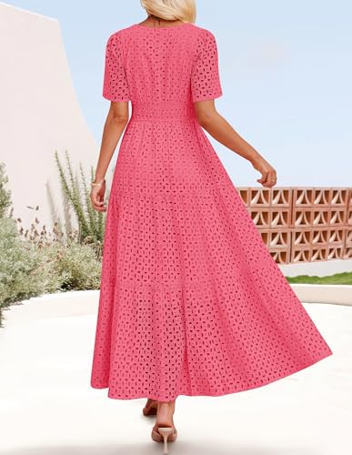 Image of ZESICA Women's 2026 Summer Short Sleeve Maxi Dress Casual V Neck Hollow Out Eyelet Ruffle Swing A Line Long Dresses