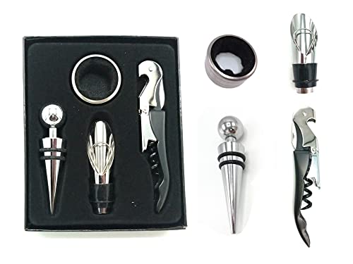 Kit Abridor e Acessorios para Vinho Sofisticado Tampa Dosador 4 Pe&ccedil;as Inox Premium