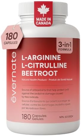 L-Arginine 590 mg, L-Citrulline 266 mg & Beetroot (Per Serving: 2 Capsules) – 3-in-1 Nitric Oxide, Circulation & Energy – 180 Vegan Capsules – Made in Canada