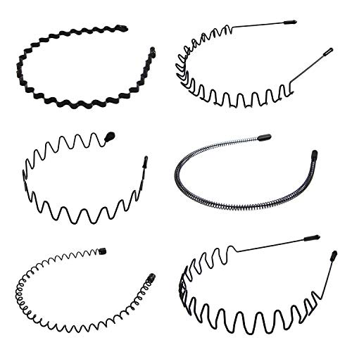 6 Pcs Unisex Headbands Metal Black Hair Accessories for Women/Men, Sping Wavy Hair Hoop Outdoor Hair Bands for Washing Face, Sports, Yoga