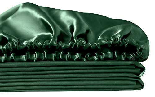 Image of Ersmak Satin Fitted Sheet Only, Luxury Silky Queen Fitted Sheet Ultra Soft Deep Pocket Bottom Sheet, Wrinkle & Fade Resistant - Emerald Green