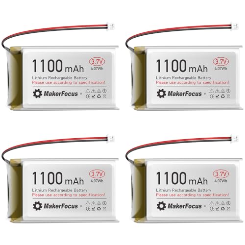 MakerFocus 4pcs 3.7V 1100mAh Lithium Polymer Battery 1S LiPo Rechargeable Battery with Protection Board, Insulated Rubber Tape and JST 1.25 Plug for ESP32 Development Board, Mesh Node T114