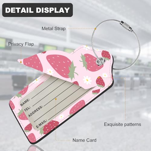 2Pack Luggage Tags for Suitcases, Cute Unique Pu Leather Cruise Luggage Tag with Privacy Cover ID Label Address Card and Metal Ring Suitable for Women Men Kids Travel Bag Pink Strawberry4