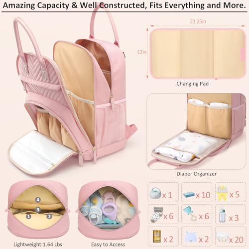 Image of Tenot Diaper Bag Backpack for Women with Changing Pad, Baby Bag with Insulated Pockets Multifunctional Diaper Bags For Baby Girl Boy Waterproof Baby Bags For Boys Girls Maternity Bag Baby Pink