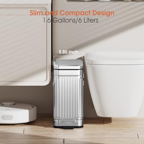 Image of Small Bathroom Trash Can with Lid Soft Close, 6L / 1.6 Gallon Stainless Steel Garbage Can with Step Pedal & Odor Control, Slim Trash Bin for Toilet, Office, Bedroom - Sliver