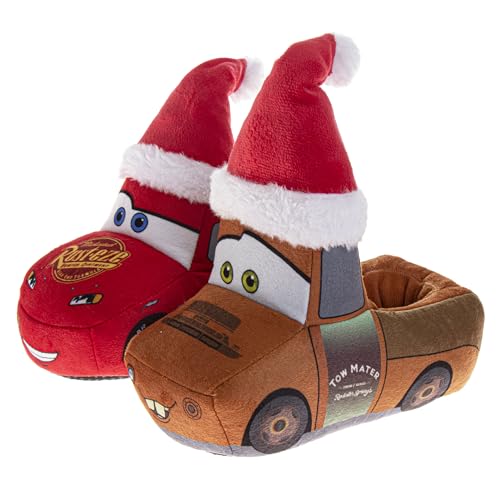 Image of Josmo Minnie Mouse Paw Patrol Cars Christmas Slippers for Girls and Boys - Kids Cozy Plush Holiday Winter Santa Hat House Shoes (Sizes: 5-10 Toddlers / 11-12 Little Kids)