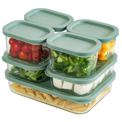Image of Nestasia Groovo Glass Containers with Lid Set of 7 (310ml x 4, 520ml x 2, 1200ml x 1) - Transparent Stackable Fridge Storage Box, Microwave & Dishwasher Safe (Green)