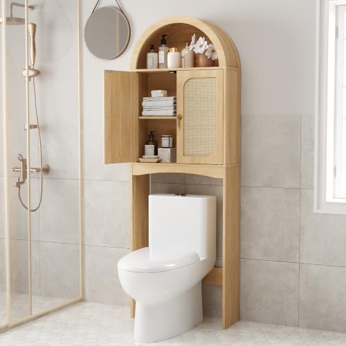 HOOBRO Arched Rattan Over the Toilet Storage Cabinet 68.1 Bathroom Organizer with Doors Bathroom Storage Cabinet with Adjustable Shelf Wooden Space Saver for Small Bathroom Natural NL25TS01
