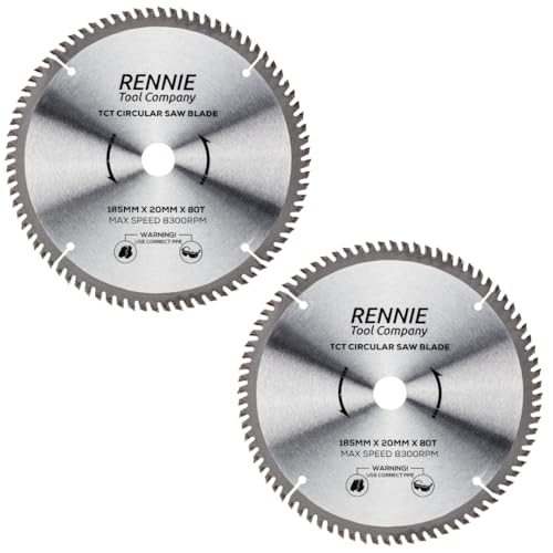 2 Pack - 185mm x 20mm Bore x 80T TCT Saw Blades. 185mm Circular Saw Blades For Fine Cuts x 20mm Bore + 16mm Bore Reduction Rings Fits Evolution Bosch Makita Ryobi Dewalt Circular Saws Etc