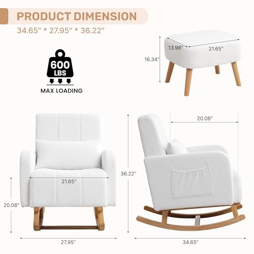 Image of HCHAIRH Rocking Chair with Ottoman, Upholstered Glider Rocker with High Backrest and Side Pocket, Comfy Reading Chair with Solid Wood Legs for Nursery, Living Room,Bedroom White