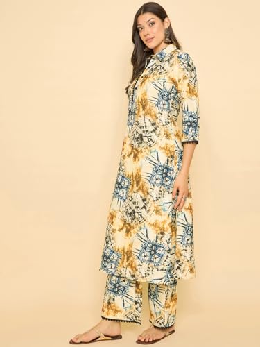 Image of SheWill Women Cotton Blend Floral Printed Straight Kurta with Mandarin Collar, Button Detailing, and 3 /4th Sleeves Paired with Matching Printed Pants