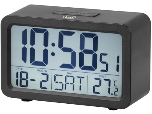 Trevi SLD 3P60 Sveglia Digitale con Grande Display LED Retroilluminato, Orologio con Termometro, Calendario, Funzioni Timer e Snooze, Alimentazione a Batterie AA, Facile da Utilizzare, Nero