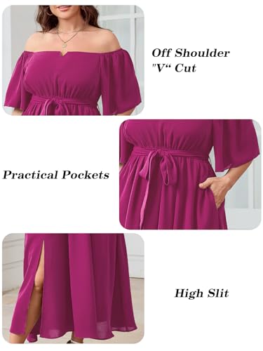Image of SCOMCHIC Womens Plus Size Formal Dresses Off The Shoulder Wedding Guest Cocktail A-Line Split Maxi Dress with Pockets