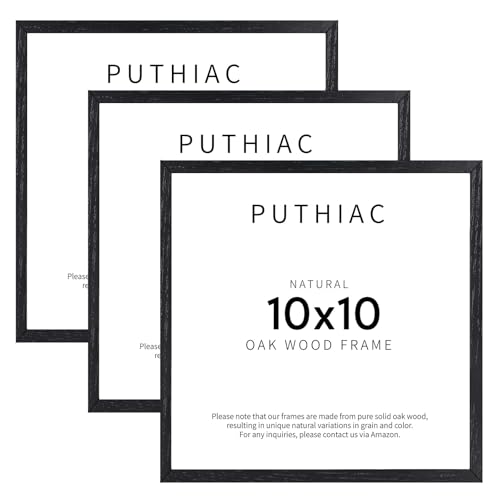 Puthiac 10x10 Black Oak Wood Picture Frame - 10x10 Natural Solid Wood Poster Frames for Wall Art Photo and Prints (3 Pack)
