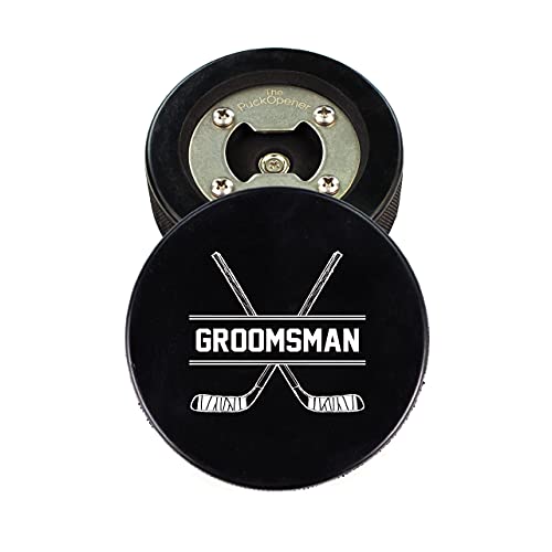 Product Image of the Stainless Steel Hockey Puck Bottle Opener Gift for The Best Man Groomsmen Printed Puck - Custom Wedding Hockey Puck Proposal Gift Ring Bearer Officiant Magnetic Cap Catcher & Present for Men