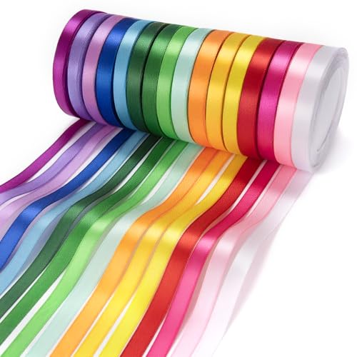 KICNIC Satinband Bunt 16 Fraben Geschenkband 10mm Breit Schleifenband zum Basteln Seidenband Satin Ribbon für Hochzeit Maibaum Autoschmuck Tischdeko (22M)