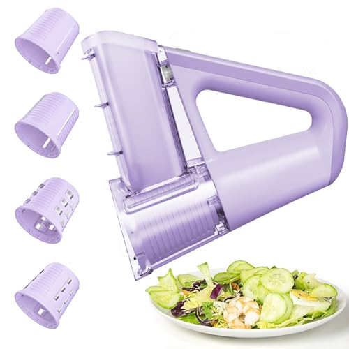 Handheld Vegetable Cutter Vegetable Slicer, Cordless Vegetable Chopper with 4 Blades, Use for Shaving Ice, Cucumber Potato Slicer, Electric Salad Maker for Onion, Cucumber, Carrot, Garlic Purple