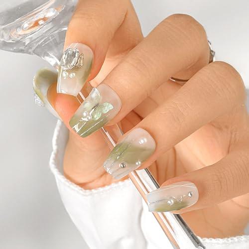 Sethexy Short Coffin Handmade False Nails - 3D Butterfly, Gradient, Rhinestone, Pearl Press on Nails Women Salon Stick on Nails 10PCS