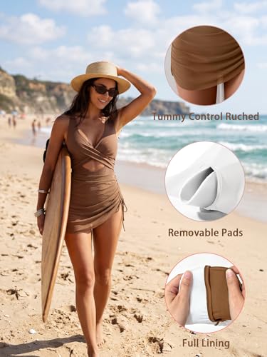 Image of B2prity Women Mesh One Piece Swimdress Swimsuit Tummy Control V Neck Cutout Bathing Suit Wrap Drawstring Sarong Swimwear