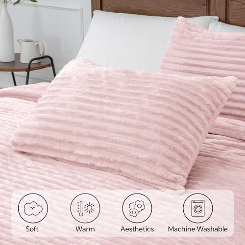 BEDELITE Fleece King Comforter Set -Super Soft & Warm Fluffy Pink Bedding, Luxury Fuzzy Heavy Bed Set for Winter with 2 Pillow Cases