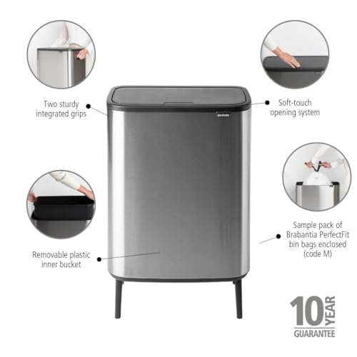 Image of Brabantia Bo Hi Touch Top Kitchen Trash Can with Single Compartment & Raised Legs | Matt Steel Fingerprint Proof | 16 Gal Inner Bucket | Soft-Close, Light Touch Opening, Stay-Open Lid | + Trash Bags