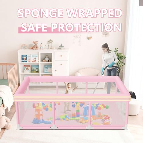 Image of Large Baby Playpen 74 inchx50 inch, Baby Girl Play Pen for Babies and Toddlers Pink, Safe Structure and Soft, Skin-Friendly Fabric with Zipper Gates