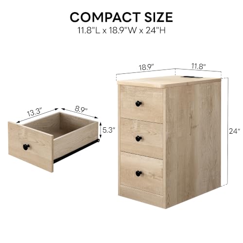 Image of LIKIMIO Nightstand with Charging Station, 3 Drawers Modern for Bedroom