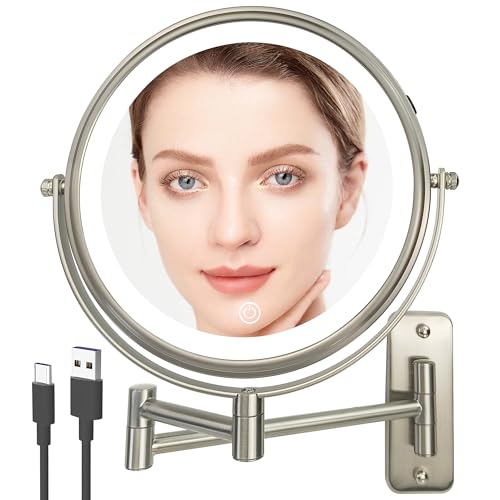 Janeeva 8 Inch Wall Mounted Lighted Makeup Mirror,Rechargeable Double Sided 1X/10X Magnifying Mirror With 3 Color Lights,Touch Dimmable Bathroom Vanity Mirror With 360°Swivel Extendable Arm Brushed Nickel cover