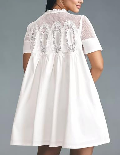Image of Womens Summer Lace Mini Babydoll Dress Ruffled Collar Short Sleeve Loose Mesh Swing Elegant Flared Sundress
