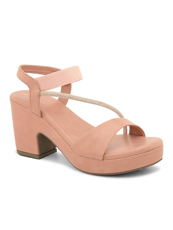 Image of XE Looks Women's Sandals with Stylish Block Heel | Glittery Side Strap & Secure Back Support | Comfort Cushion Sole for Long Wear | Trendy Design Heels For Girls & Women