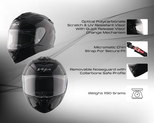 Image of Vega VF 10 Turbo Solid Full Face Motorcycle Helmet with Shock-Absorbing Liner, Lightweight Build, Aerodynamic Fit, Ventilated Interior, Comfortable Fit, and Trendy Black Finish Black L