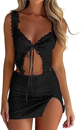 Women&#39;s Eyelet Embroidery Lace Trim Tie Front Crop Top and Mini Skirt Set Summer 2 Pieces Outfits